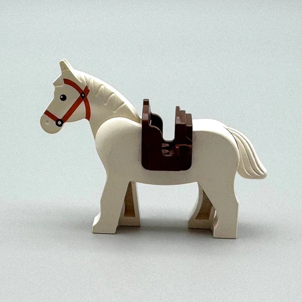 LEGO White Horse Minifigure Animal Dark Orange Bridle Pattern Brown Saddle